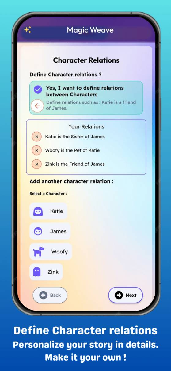 Define Character relations Personalize your story in details. Make it your own !