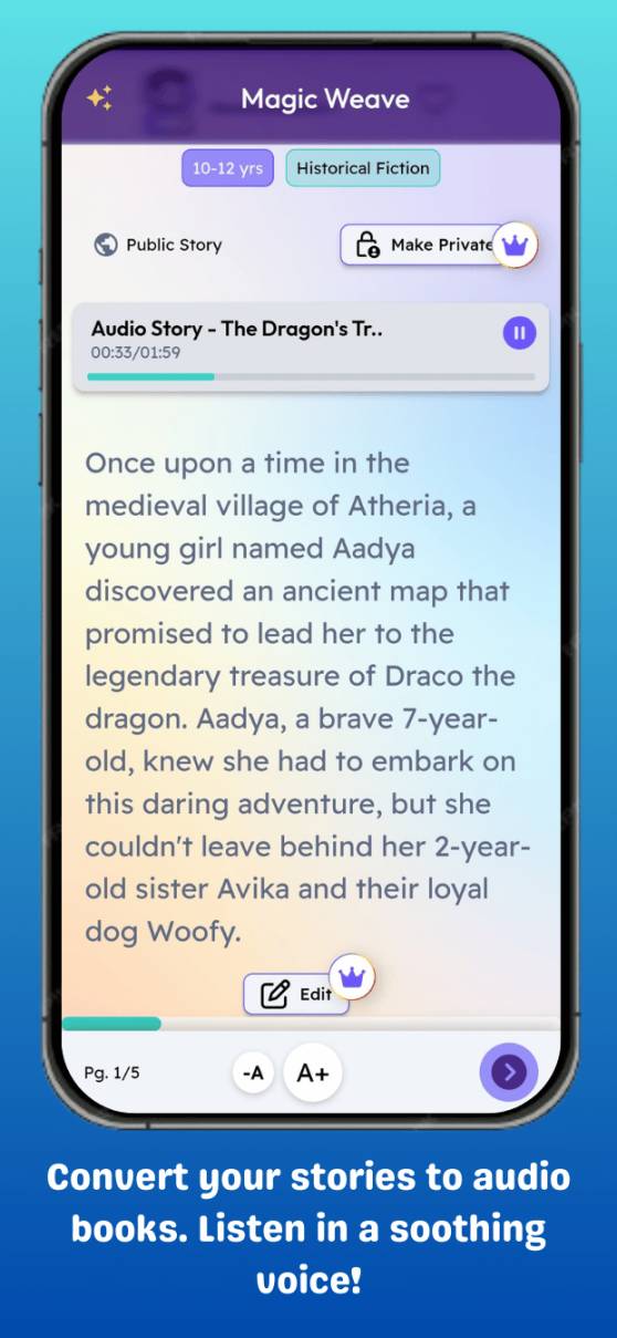 Convert your stories to audio books. Listen in a soothing voice!